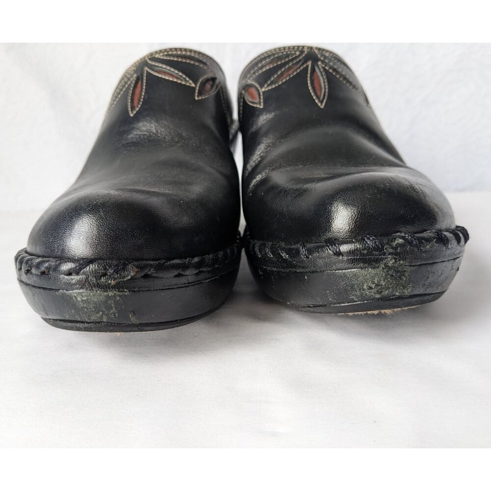 FRYE Leather Shoes Black Mule Clogs 3" Heel Charlotte Flower Size 8.5 M - Picture 4 of 14